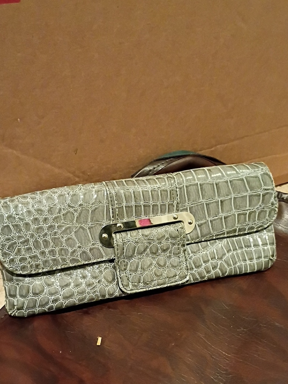 Croc-Embossed Gray Women's Clutch with Metal Accent